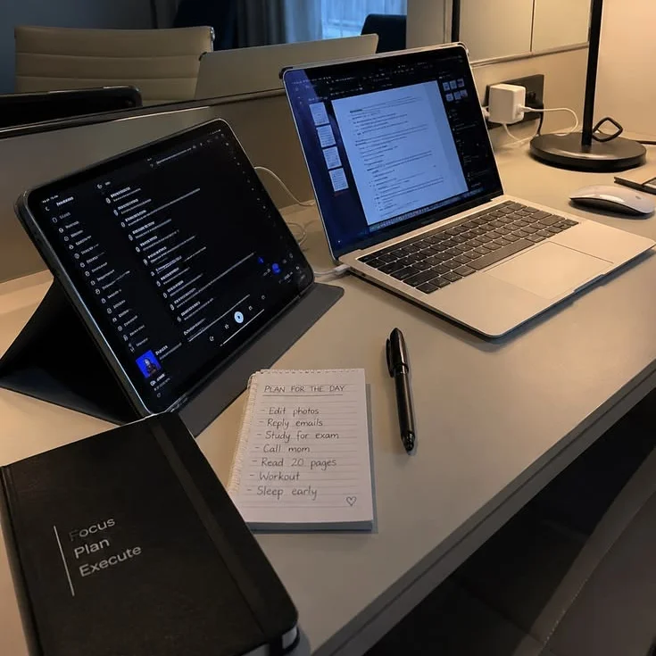 Workspace with laptop, tablet and planner